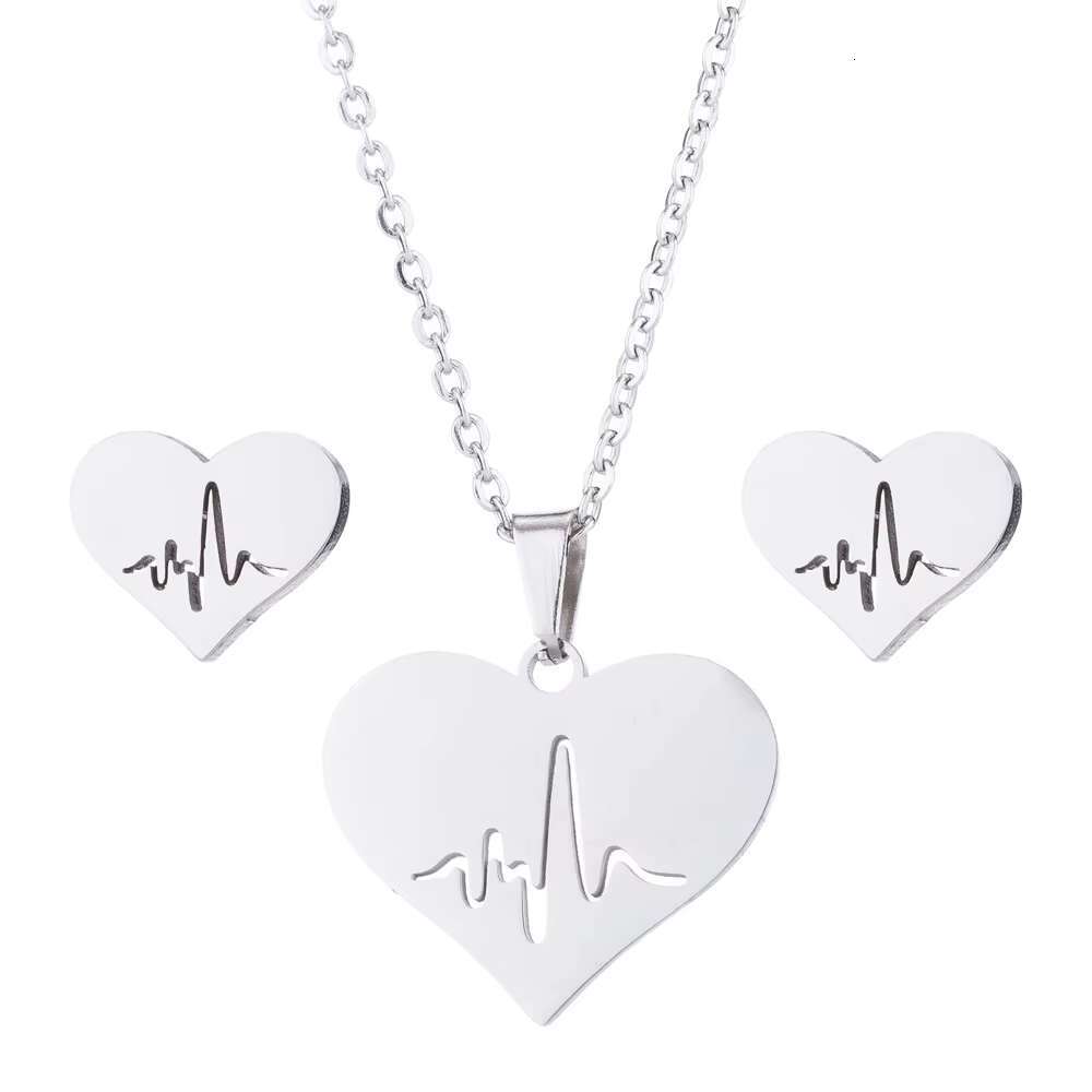 Stainless Steel Ecg Heart Pendant Necklaces and Earrings Jewelry Set for Girls