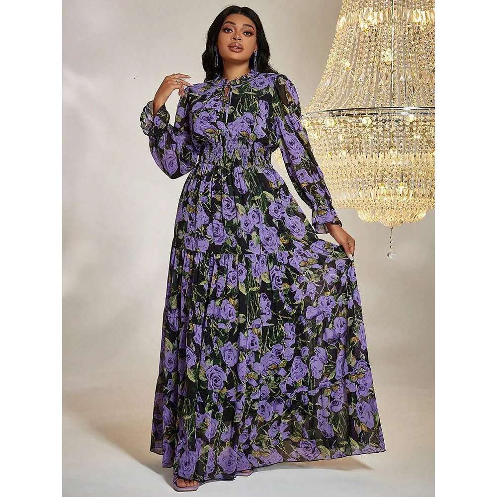 TOLEEN Women Plus Size Maxi Dresses Sweet Print Birthday Party Vintage Chiffon Lantern Sleeve Elegant Dress