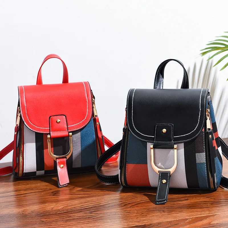 Splicing Backpack For Women PU Leather Plaid Backpack Multi-Function Knapsack Teenager School Bag Leisure Lock Backpack fashion Z250512-1