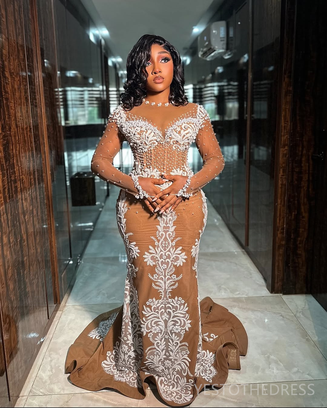 2025 Plus Size Brown Aso Ebi Prom Dress Mermaid Prom Dresses Evening Formal Gowns Sheer Neck Long Sleeves Pearls Lace Birthday Dress Second Reception 