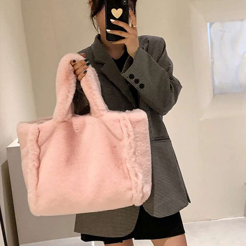 Women's Faux Fur Shoulder Autumn Winter Plush Tote Puffer Handbag Casual Fuzzy Large Capacity Shopping Bag 2023 New