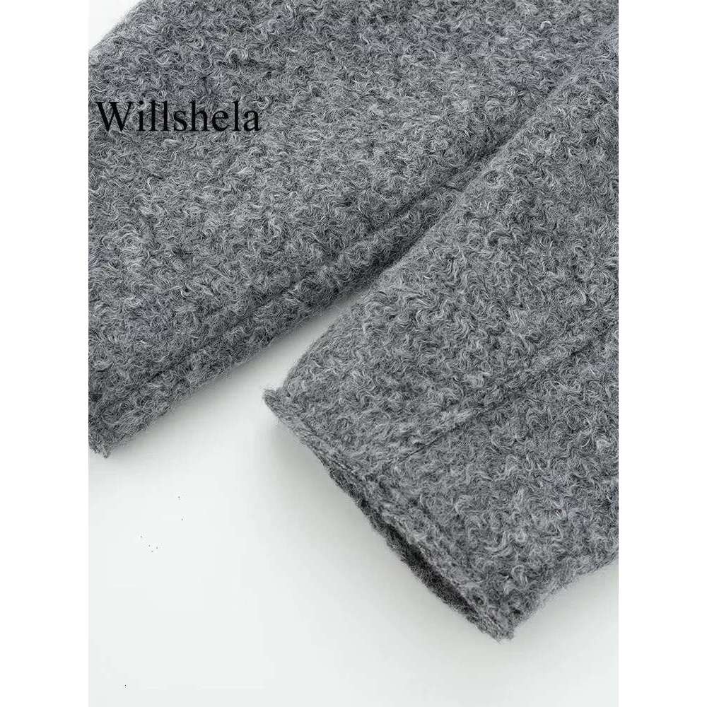 Willshela Women Fashion With Pockets Grey Front Zipper Jackets Vintage Lapel Neck Long Sleeves Female Chic Lady Outfits