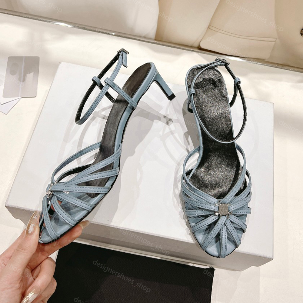 summer gladiator stiletto sandals Genuine Leather Triomphe Sandal Metal buckle Kitten heels Ankle Strap Dress shoes 4.5cm Luxury designer heeled womens Party shoes