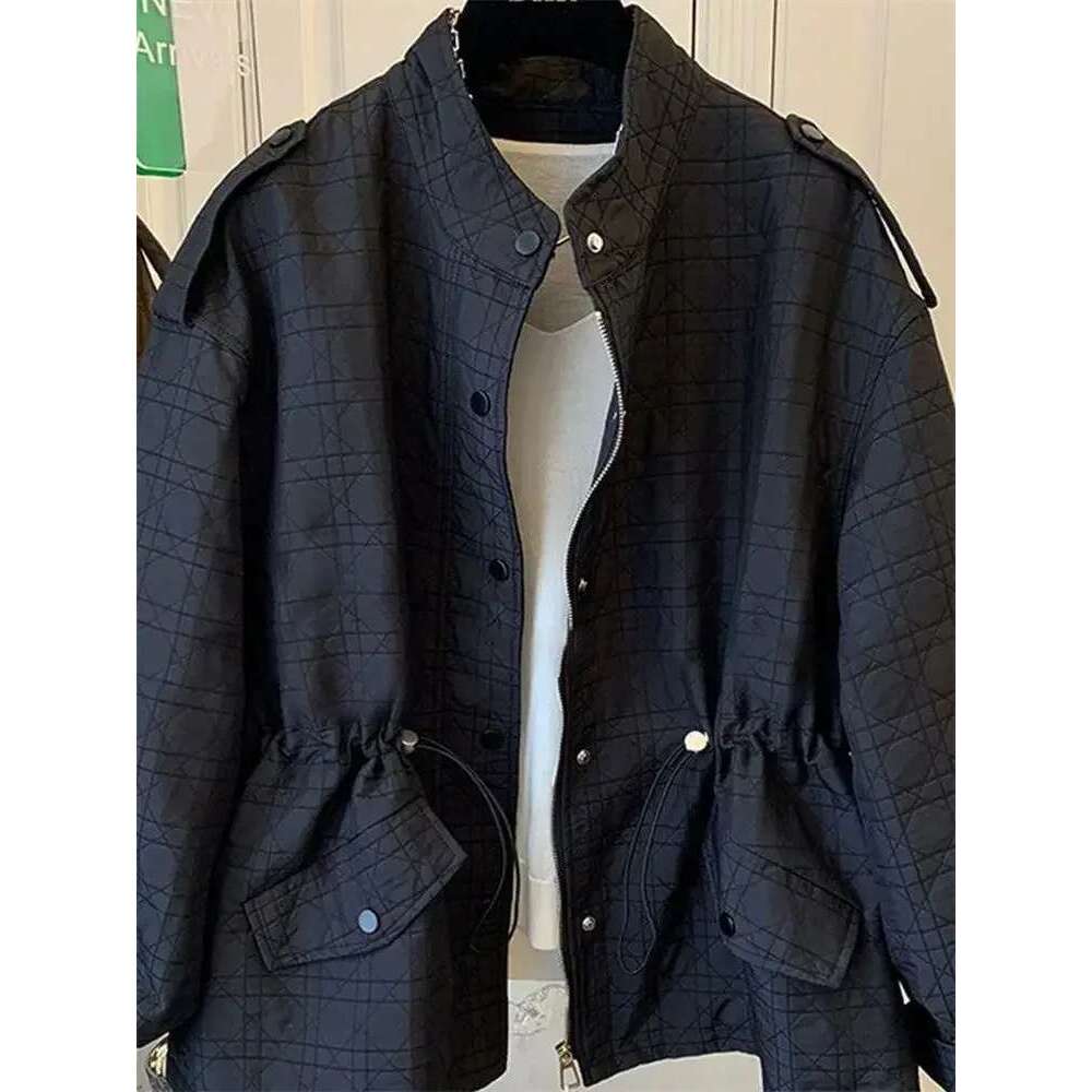 Drawsting Lace Up Ropa Mujer Plaid Woman Jackets Stand Collar Zipper Chaqueta Mujeres Long Slevee Coats Autumn Winter Clothes