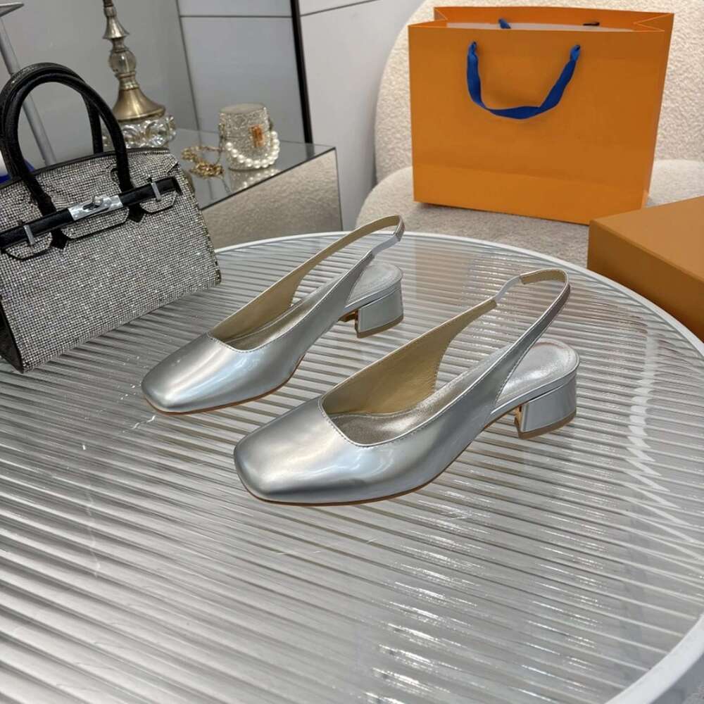 Women Size35-43 Genuine Leather Pumps Slingbacks Meds Heels Sandals Square Toe Slip On Designer Shoes Zapatillas De Mujer