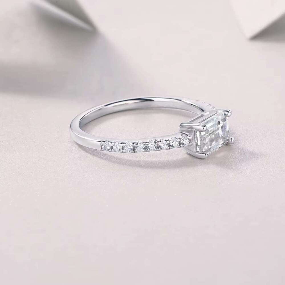Unique spodumene emerald cut ring - pointed set of pure silver, double-layer design, size 5-9, USA