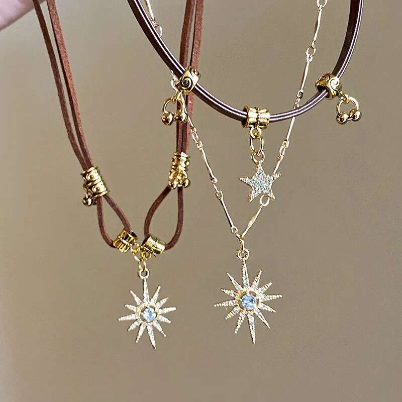 Fashion Sun Zircon For Women Vintage Leather Choker Necklace Double Layered Star Pendant Jewelry Adjustable Chain