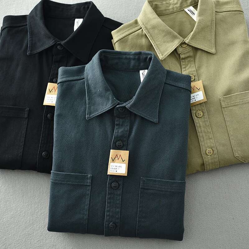 Vintage Washed May Khaki Men's Long Sleeve Base Lapel Cotton Loose Casual Cargo Shirt