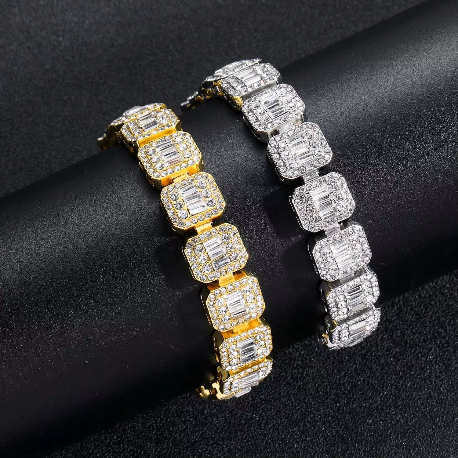 New European and American Hip Hop Necklace 13mm Diamond Gold Chain Iced Out Crystal Square Tennis Chain Necklace Set