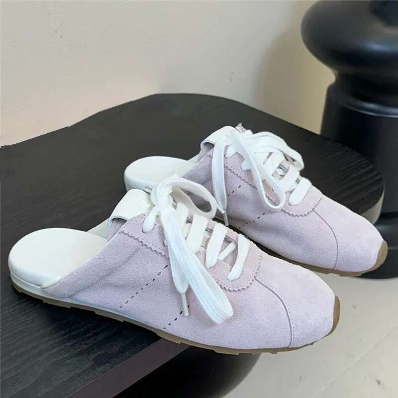 Womens Spring Autumn Slide Tennis Mule Derby Sneaker Shoes Genuine Leather Casual Comfort Flat Low Heel Closed Toe Lace Up