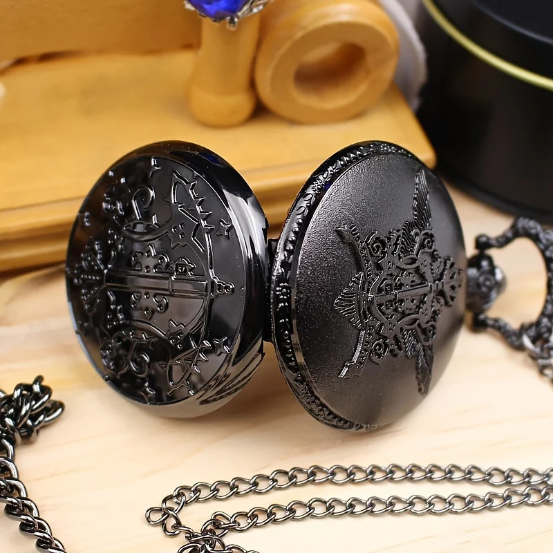 Black Deacon pocket watch anime pocket watch necklace watch dial fashionable quartz watch flip Roman 250512