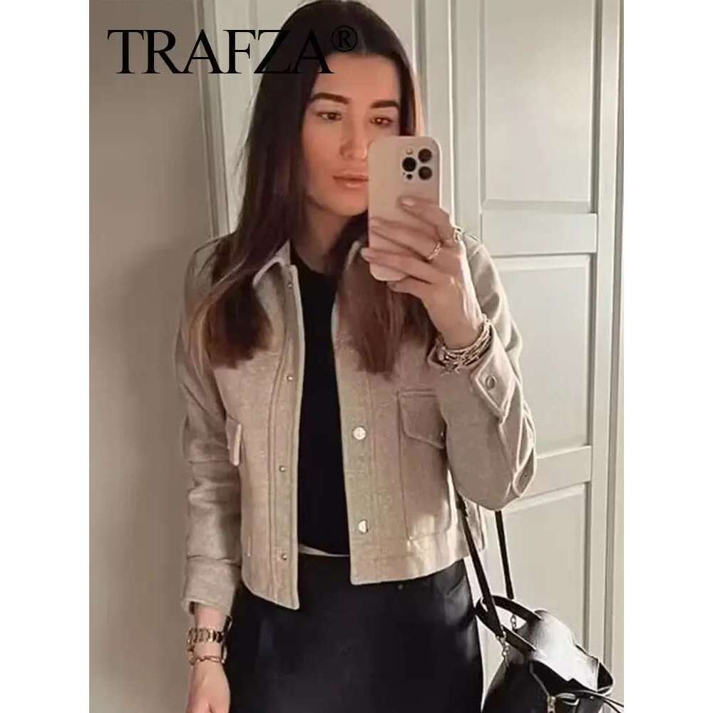 TRAFZA Jackets For Womens Autumn Fashion Solid Front Pockets Button Long Sleeve Jacket Elegant Woman Casual Outerwear Coat