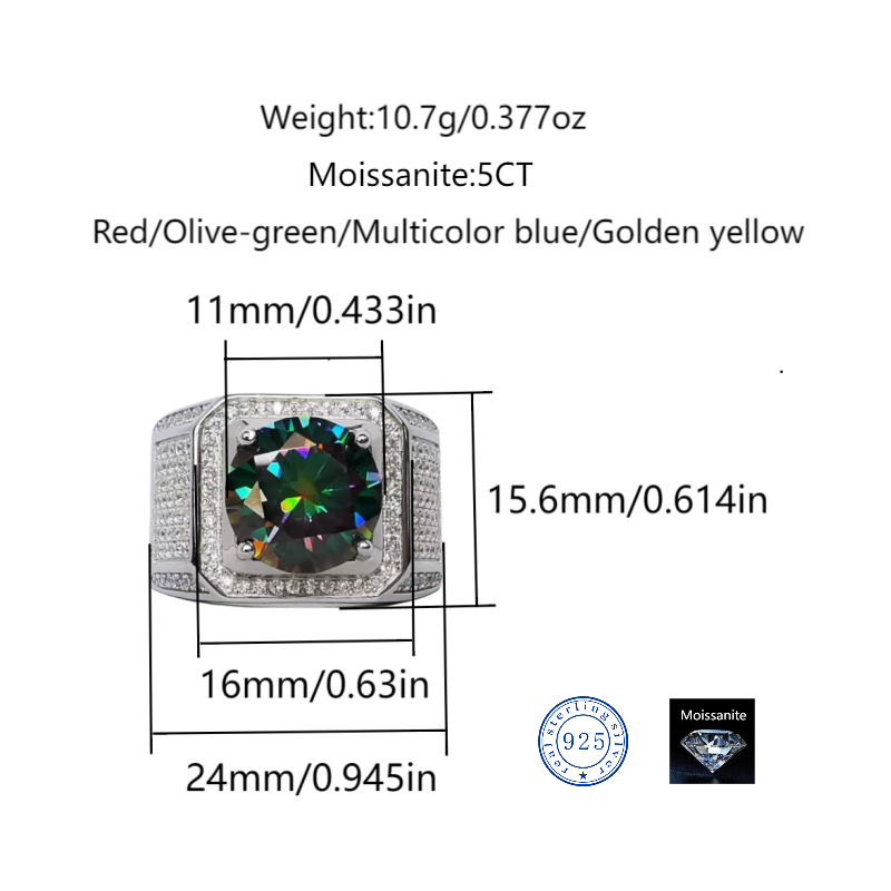 5CT Moissanite 925 sterling silver men's ring Classic European and American fashion bestseller large-carat wedding ring essential jewelry ring fo