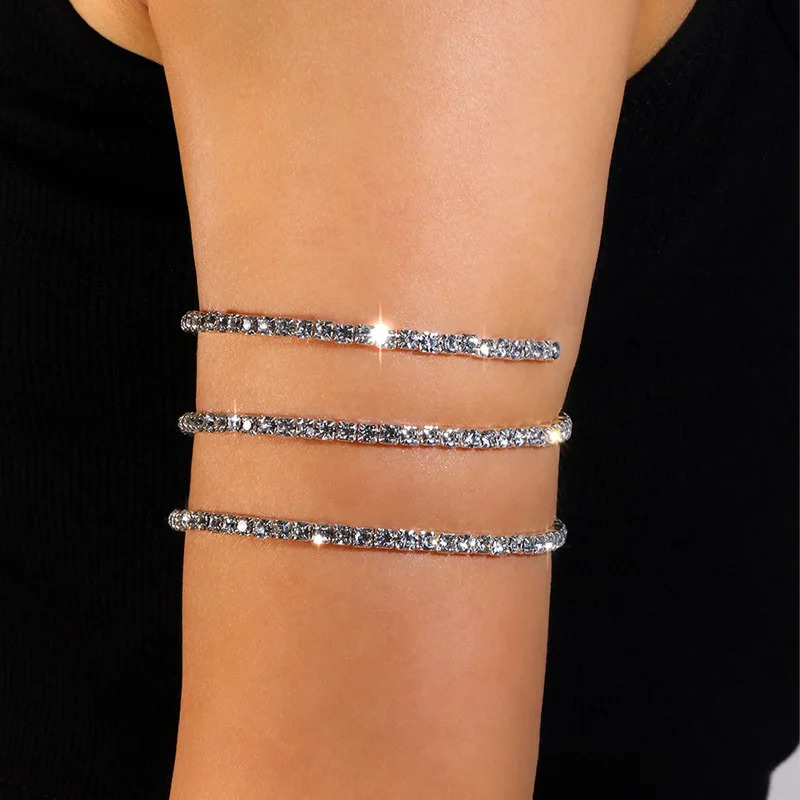 XSBODY Ins Fashion Twisted Rhinestone Arm Cuff Bracelet for Women Sexy Crystal Ring Wrist Chain Body Jewelry Accessories 250512