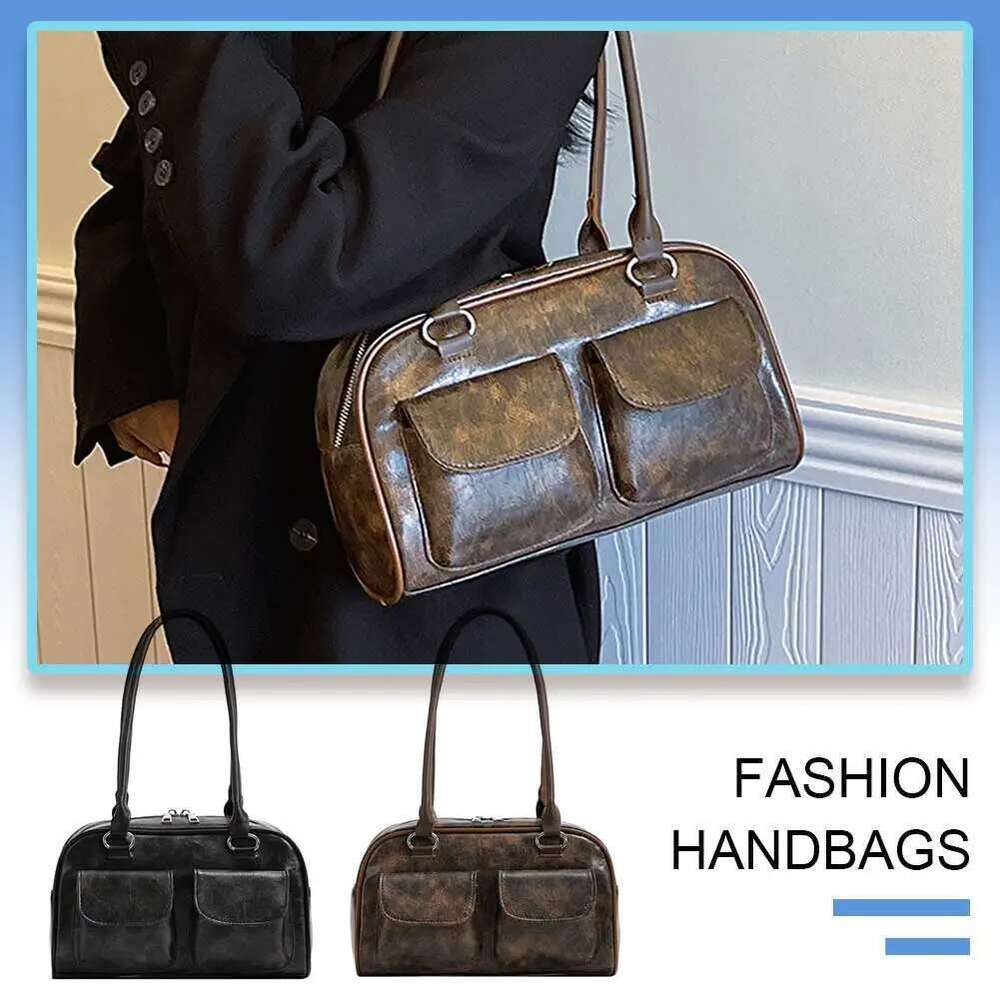 Women Small Casual Double Pocket PU Stylish Underarm Bags Solid Color Simple Commuting Bag Large Capacity Retro Handbag
