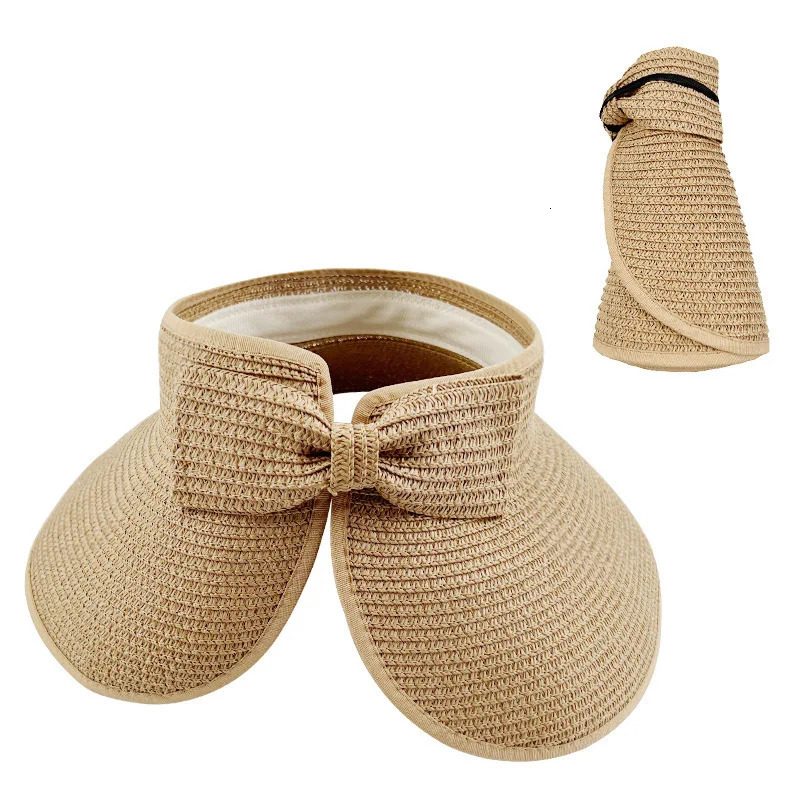 Women Summer Visors Hat Foldable Wide Large Brim Bowknot Empty Top Straw Hats chapeau femme Beach UV Protection Caps 250512