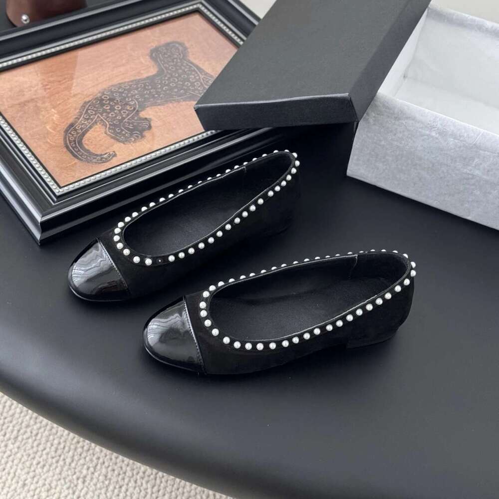 Women Size35-41 Genuine Leather Ballet Flats Pearls Natural Cow Suede Round Toe Slip On Designer Shoes Zapatillas De Mujer