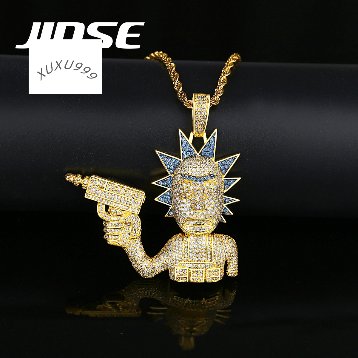 JINSE Mena Gun Hip Hop Jewelry Pendant Iced Out Bling Two Tone Man Chain Necklace