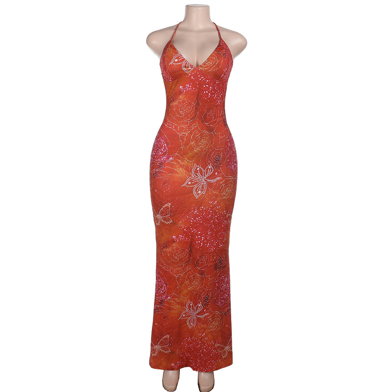 Casual Dresses Vintage Green Printed Bikini Ruffles Hem Midi Dress Sexy Cut Out Halter Side Slit For Women Summer Beach Playwear 2025