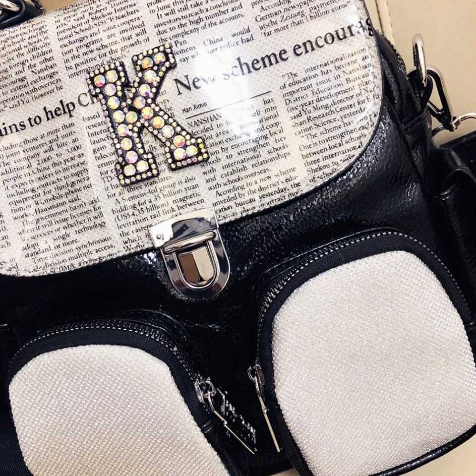 Female Casual News Paper Printing Iridescent Rhinestone Backpack Women Vegan Leather Travel Shiny Multi Pockets Daily Bagpack Z250512