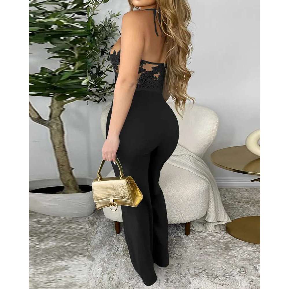 Summer Sexy Lace Spaghetti Strap Sheer Mesh Jumpsuit Women