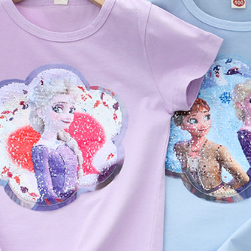 DISNEY Frozen Princess Elsa Kids designer clothes Little girl summer outfit short-sleeved reversible color-changing sequin T-shirt princess top.