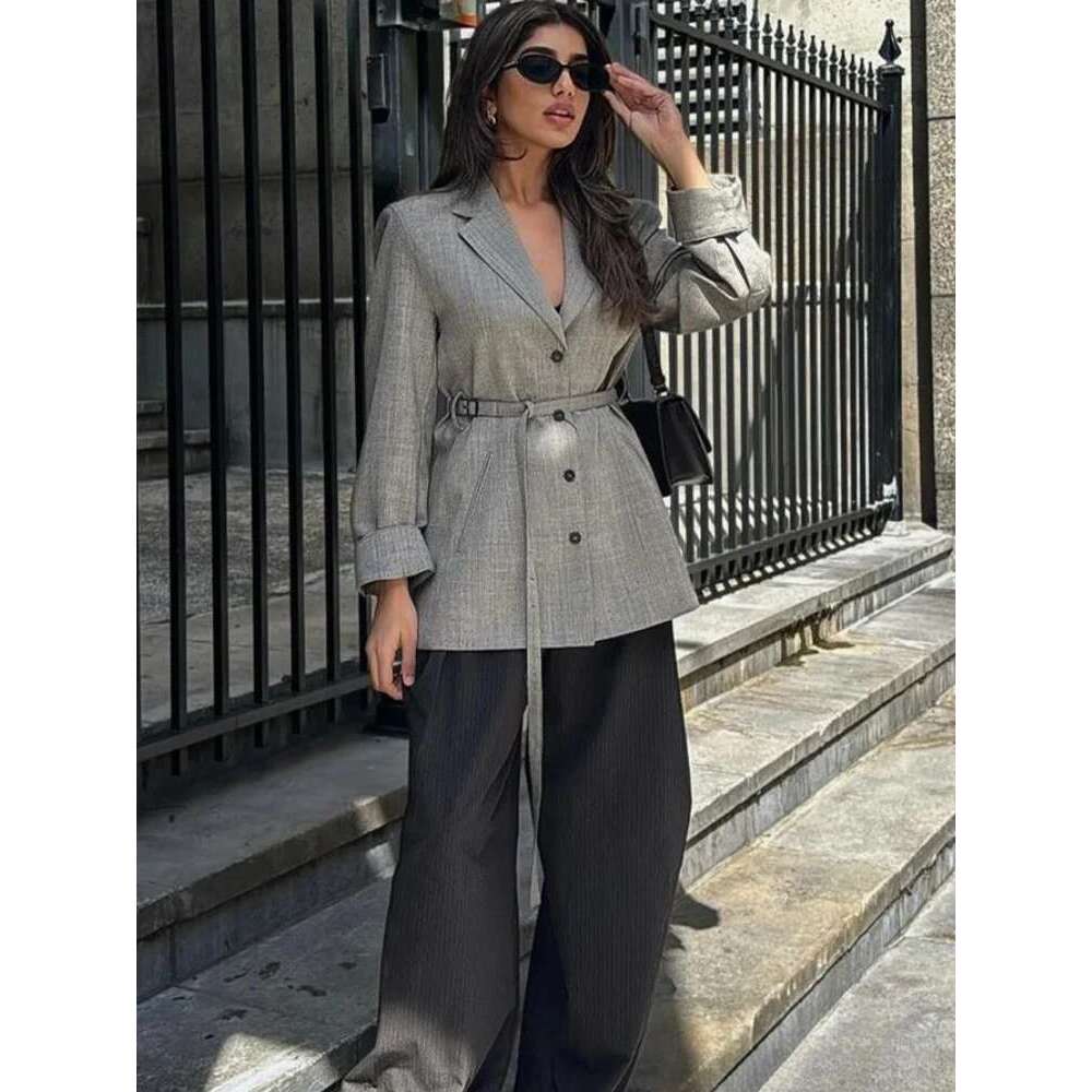 ZBZA Women Slim-fit Blazer with Belt Lapel Long Single Breasted Solid Sleeve Button Leisure Jacket Fall Winter Chic Coat
