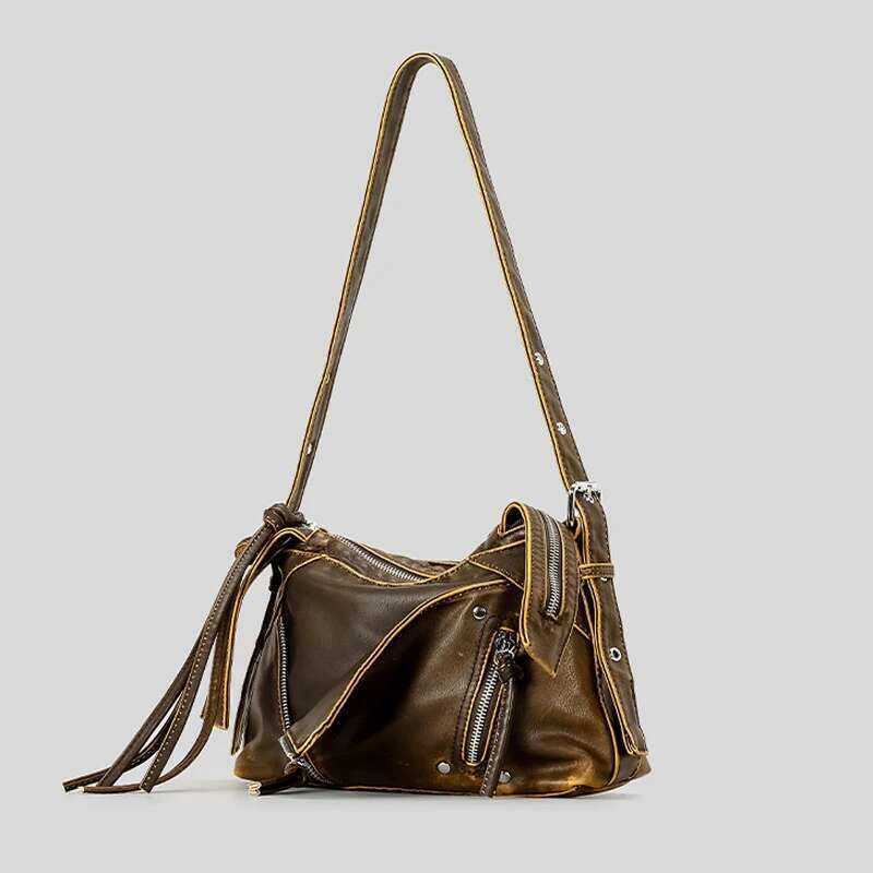 Fashion Lapel Collar Design Women Shoulder Vintage Washed Pu Leather Crossbody Bags Y2k Multi Zipper Small Tote Bag