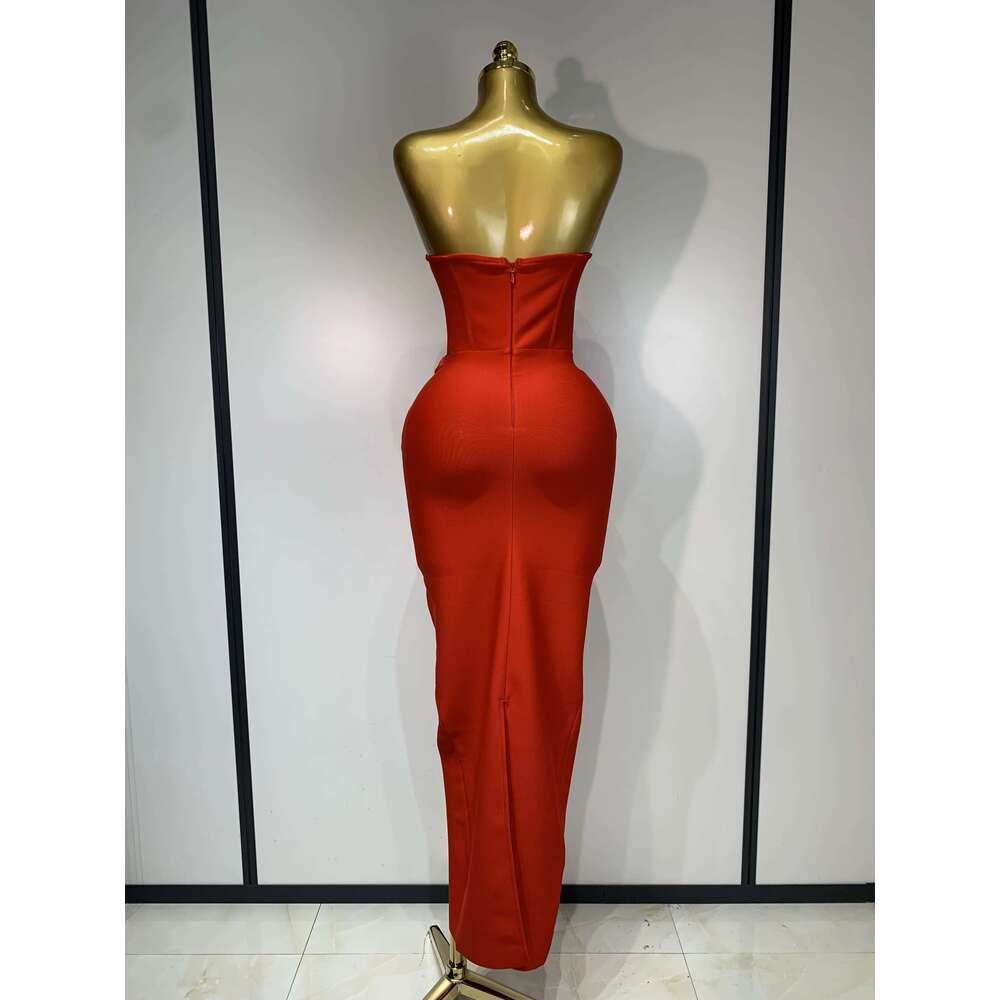 2025 Newest Women Sexy Strapless Backless Red Flower Midi Bandage Dress Celebirty Elegant Evening Club Party Birthday Dresses