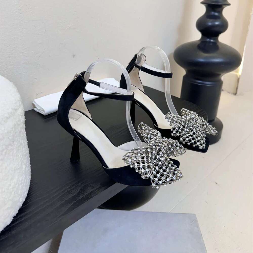 Women Size34-41 Genuine Leather Sandals Super High Heels Butterfly Knot Crystal Pumps Designer Shoes Zapatillas De Mujer