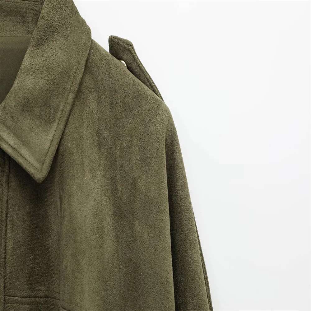 Pb&Za 2025 Women Faux Suede Collared Jacket With Shoulder Straps Loose Fit Stylish Olive Green For Sale On