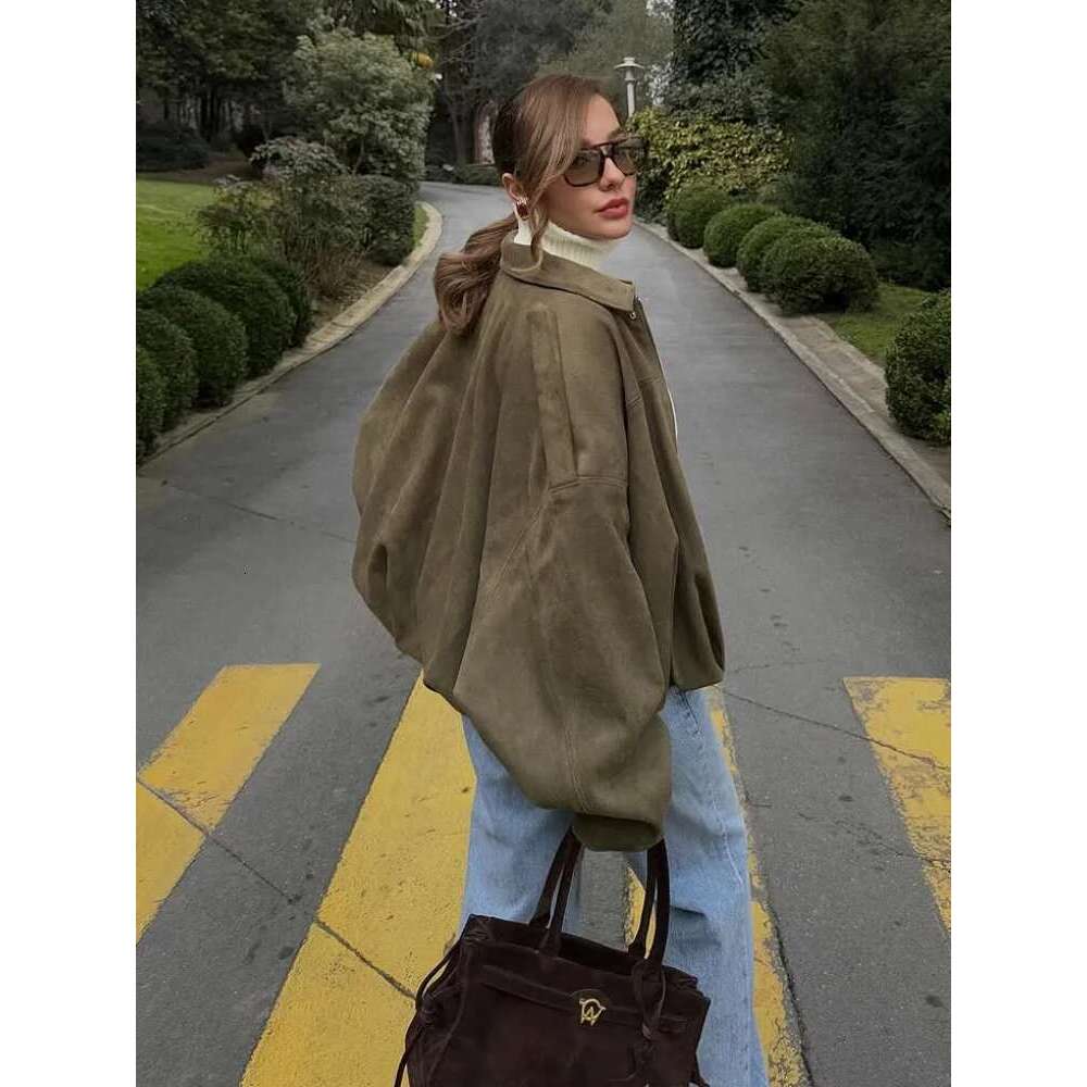 Fashion Women Green Suede Jacket 2025 New Spring Lapel Long Sleeve Zipper Oversize Bomber Coat Chic Female High Street Outerwear