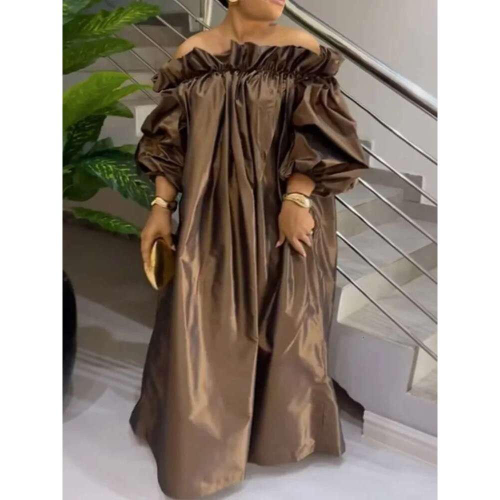 Beautyblue Plus Size Dresses Women Off-the-shoulder Maxi Dress Loose Elastic Puff Sleeve Oversized Brown New Elegant Robe Female