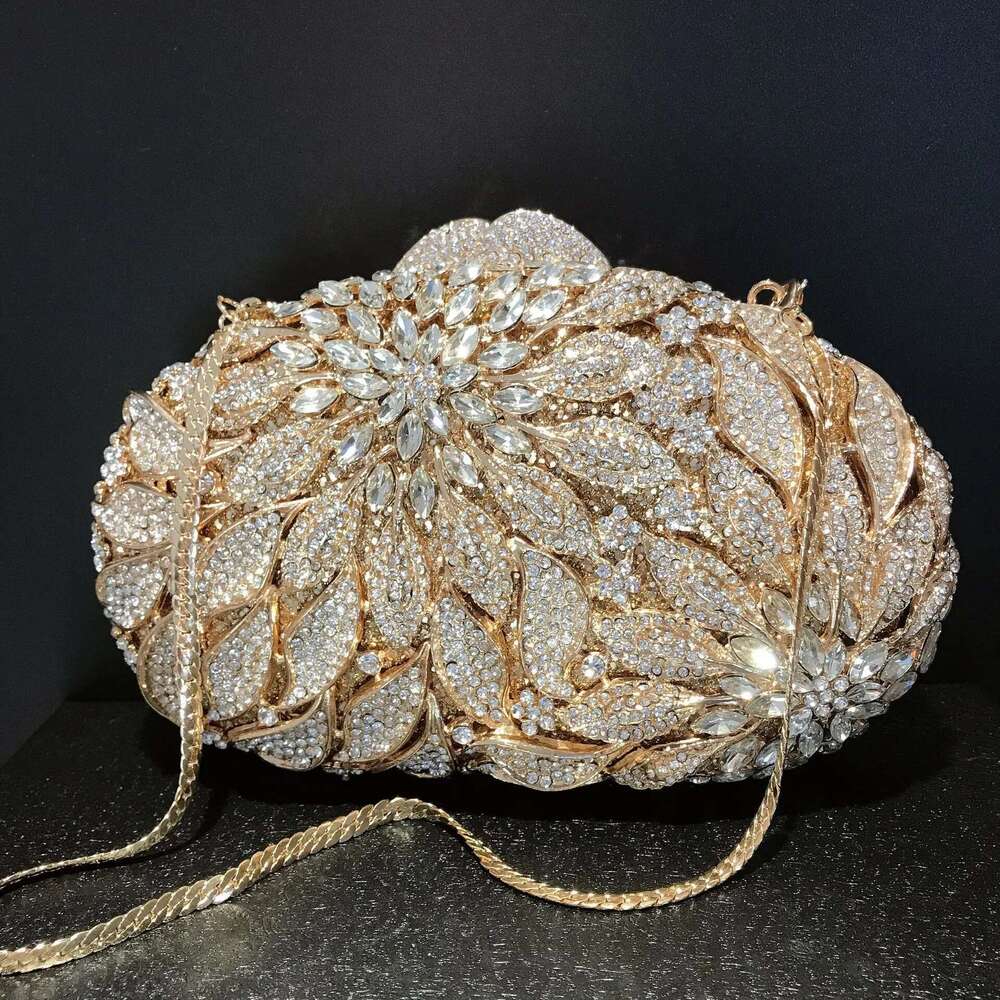 Gold Metal Leaves White Crystals Evening Clutch Bags Women Wedding Party Purse Ball Handbags Rhinestone Mini Heart Bag