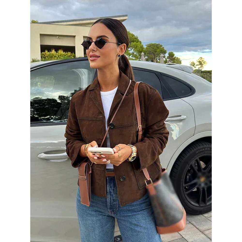 ZBZA Women Retro Suede Leather Jacket Coat Casual Suit Collar Single-breasted Long-sleeved Cropped Overcoat Fall Winter Chic Top