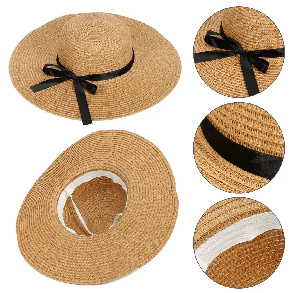 Women Beach Hat Foldable Floppy Straw Caps Big Wide Brim Summer Bow Cap Sun 250512