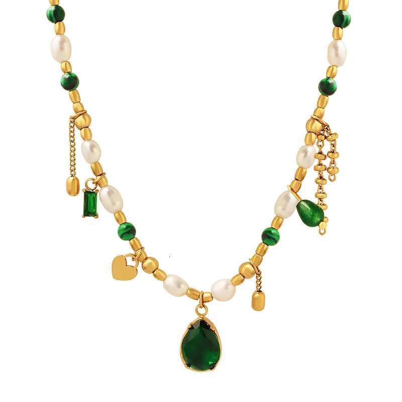 Elegant stainless steel necklace, women's gold-plated pearl zircon pendant, and fashionable chain buckle