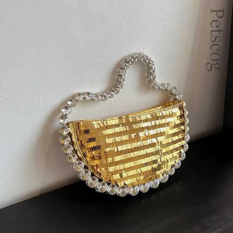 Women Round Handle Mini Sequin Clutch Women 2024 New Y2K Fashion Luxury Brand Diamonds Evening Underarm Shoulder Bag HandbagsW250512