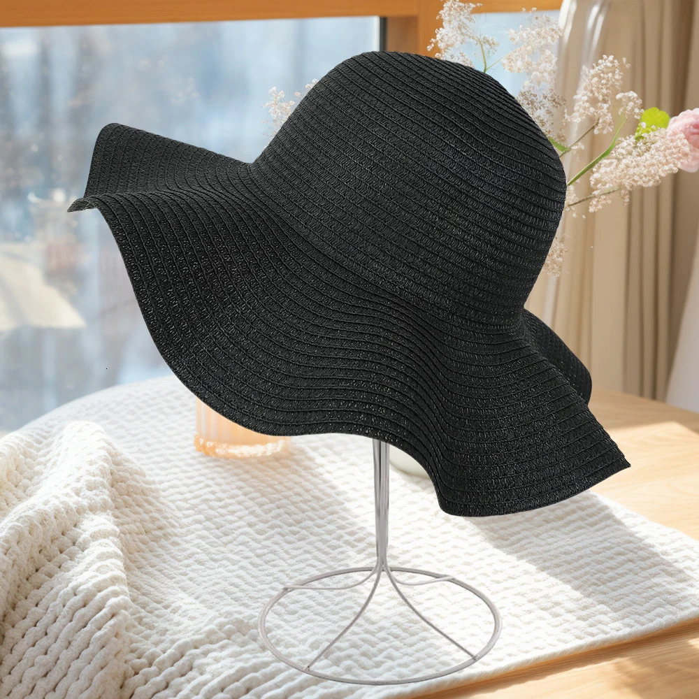 Summer Simple Solid Color Wave Edge Straw Hat for Womens Outdoor Vacation Sunscreen Big Brimmed Sunshade 250512