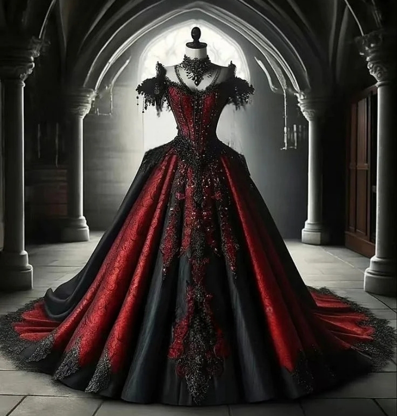 Gothic Black And Dark Red Wedding Dresses Appliques Beaded Off Shoulder Vintage Bridal Gown Court Train Medieval Corset Vestido De Novia 2025