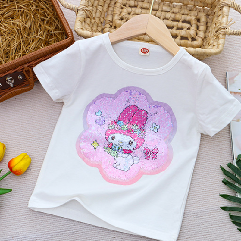 DISNEY Frozen Princess Elsa baby designer clothes Children summer clothes cartoon color-changing sequin cotton T-shirt top for girls.