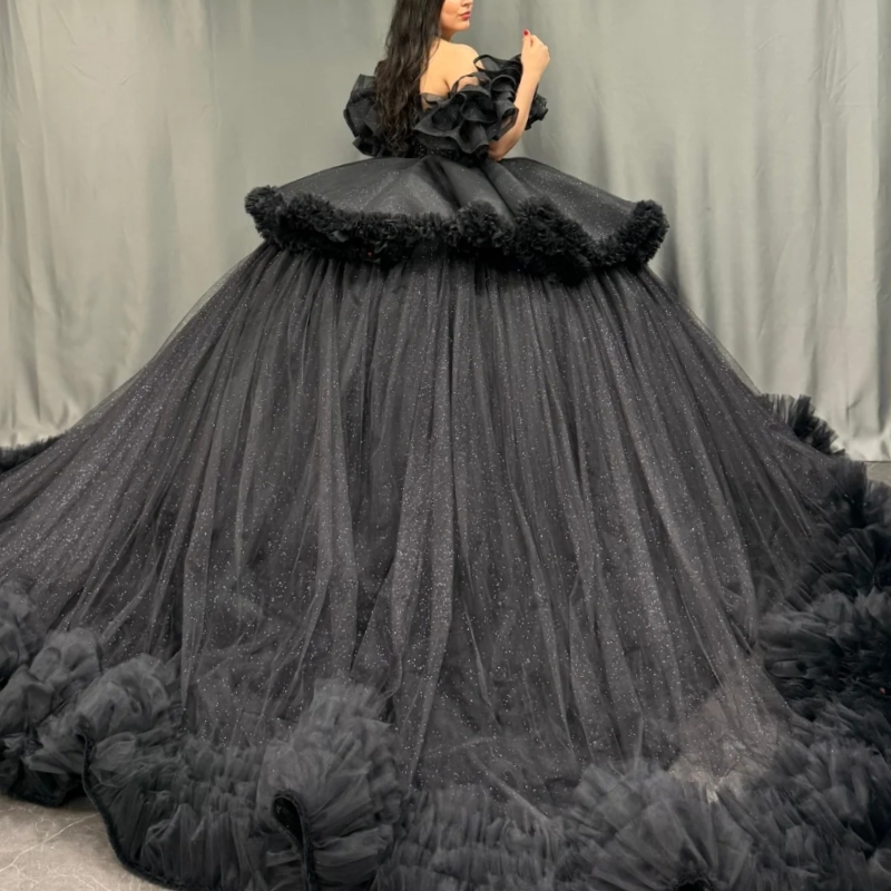 Black Shiny Quinceanera Dresses Off Shoulder Ball Gown Sweet 16 Dress Beading Tiered Tull Birthday Party Vestidos 15 De Anos