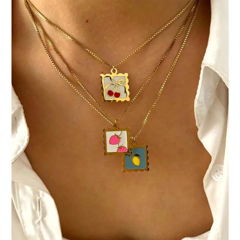 Minar Vintage Enameled Cherry, Lemon and Strawberry Pendant for Women, 316L Stainless Steel Necklace with Gold Plating