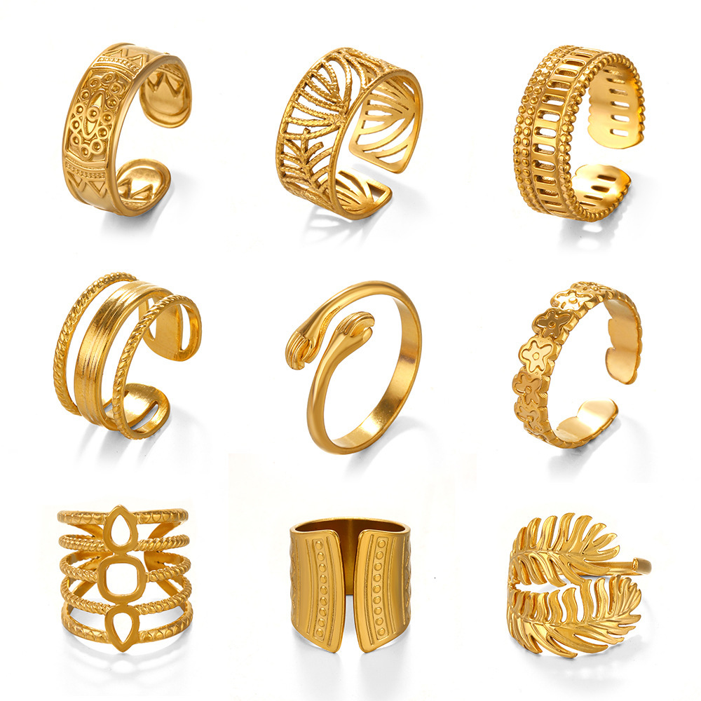 Popular Instagram Style Stainless Steel Leaf Female Personality Hip Hop Gold Plated Geometric Open Ring