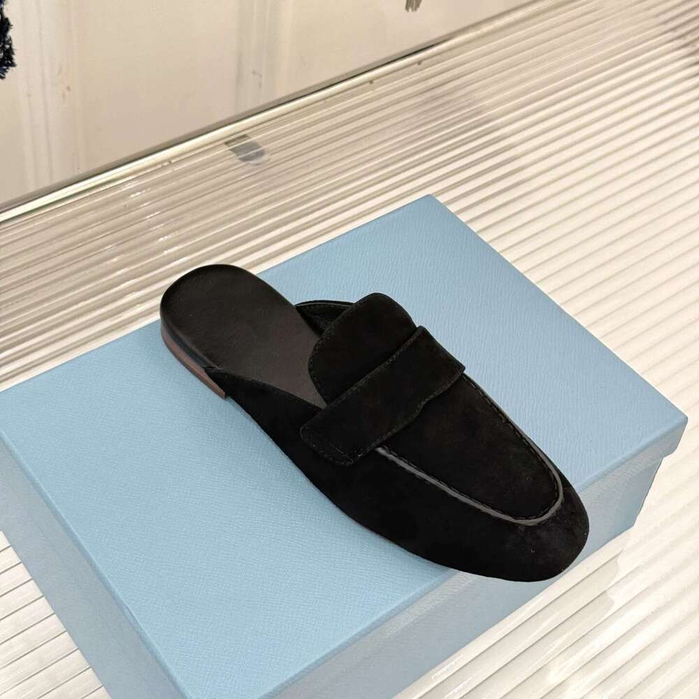 Women Size35-41 Natural Cow Suede Mules Low Heels Square Toe Slides Solid Colors Retro Designer Shoes Zapatillas De Mujer