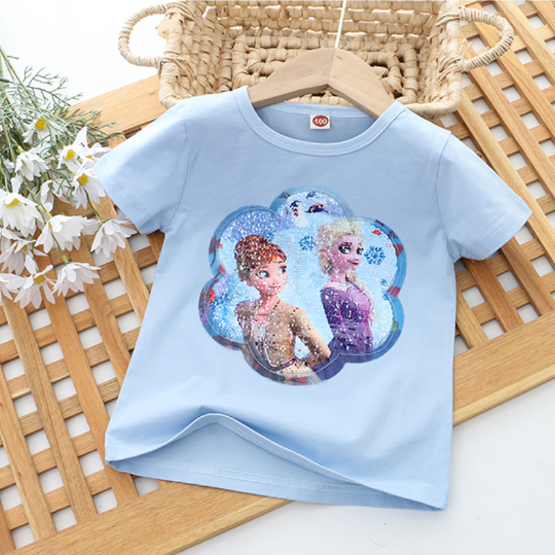 DISNEY Frozen Princess Elsa Kids designer clothes Little girl summer outfit short-sleeved reversible color-changing sequin T-shirt princess top.