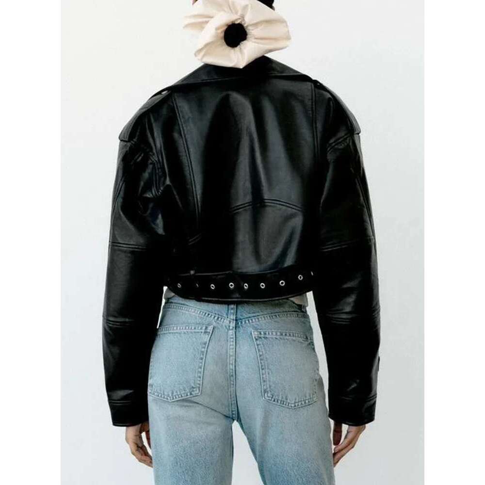TRAF Women Oversized Vintage Loose Pu Faux Leather Short Jacket With Belt Streetwear Female Zipper Retro Moto Biker Coat Outwear