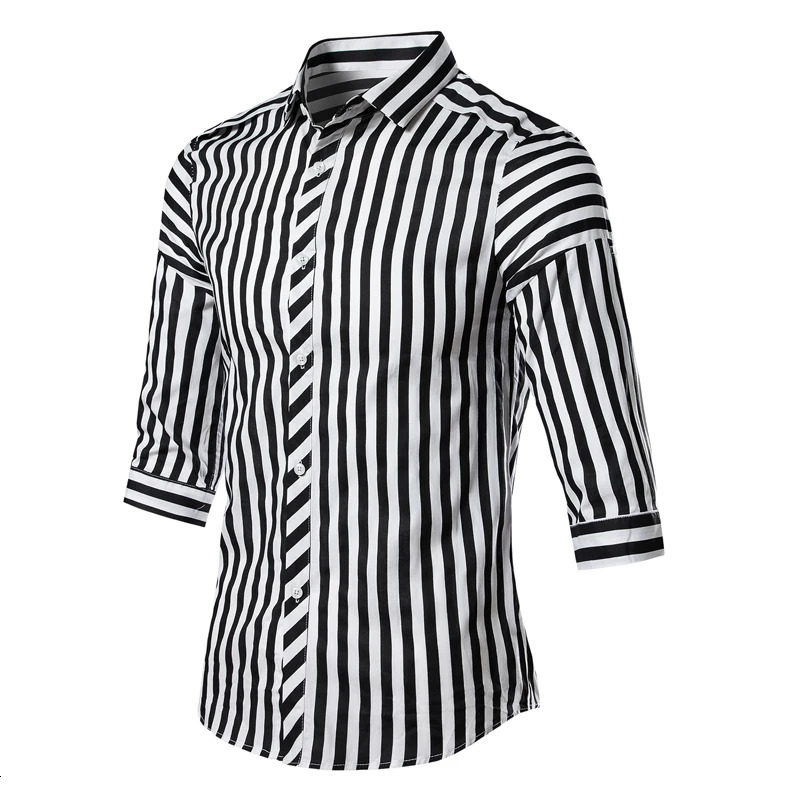 Summer MenBlack Three Quarte Striped Shirt Fashion Slim Shirts Red Black Chemise White Men Casual Camisa Big Size M-4XL 5XL 250509
