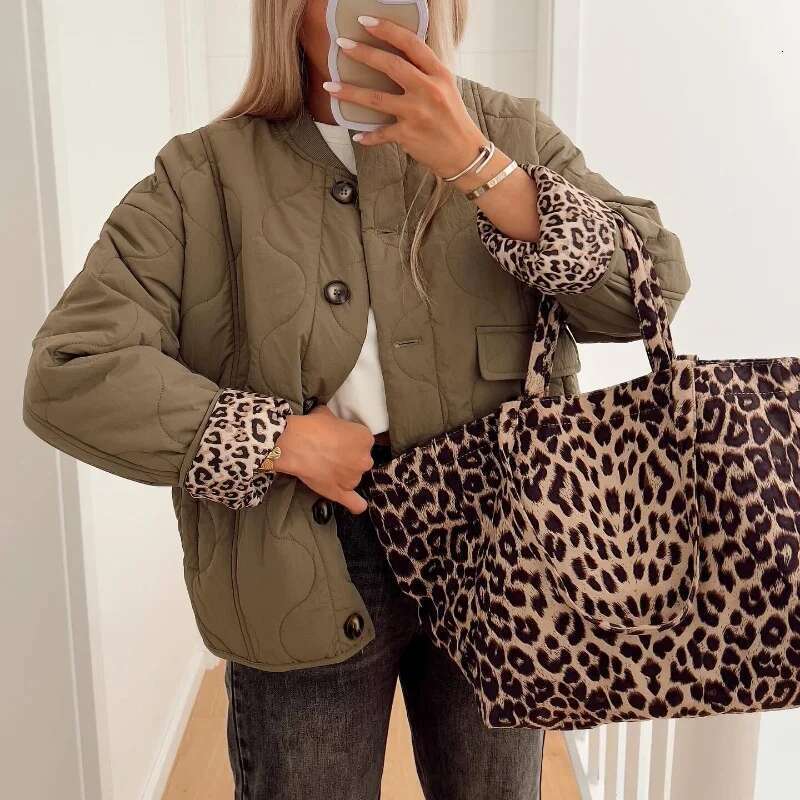 Quilted Single-Breasted Leopard Print Splicing Women's New Winter Fashion Retro Casual Cotton Jacket