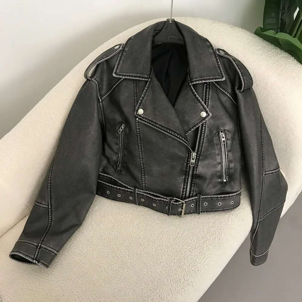 New Spring Woman Faux Leather Jacket Chic Vintage American Street Wear Short Lapel Zipper Belt Biker Coats Fashion Streetwear-250512